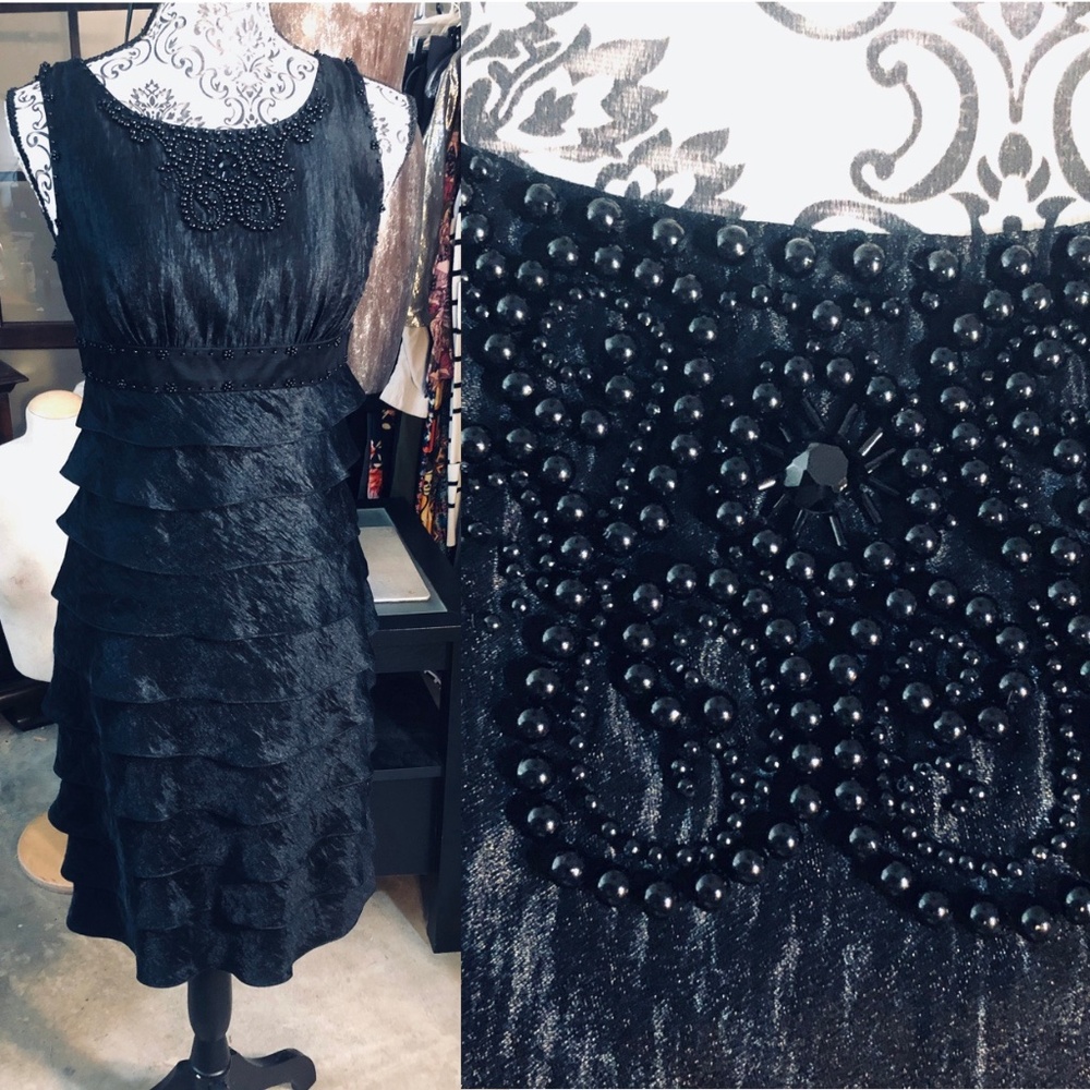 ADRIANNA PAPPEL Black Beaded Tank Chiffon Layered Ruffles Skirt Pencil Dress~4